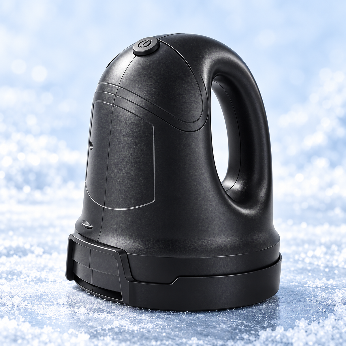 Black FrostSnap rechargeable ice scraper with its protective storage cover fitted, on an icy blue background.