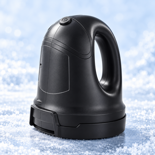 Black FrostSnap rechargeable ice scraper with its protective storage cover fitted, on an icy blue background.